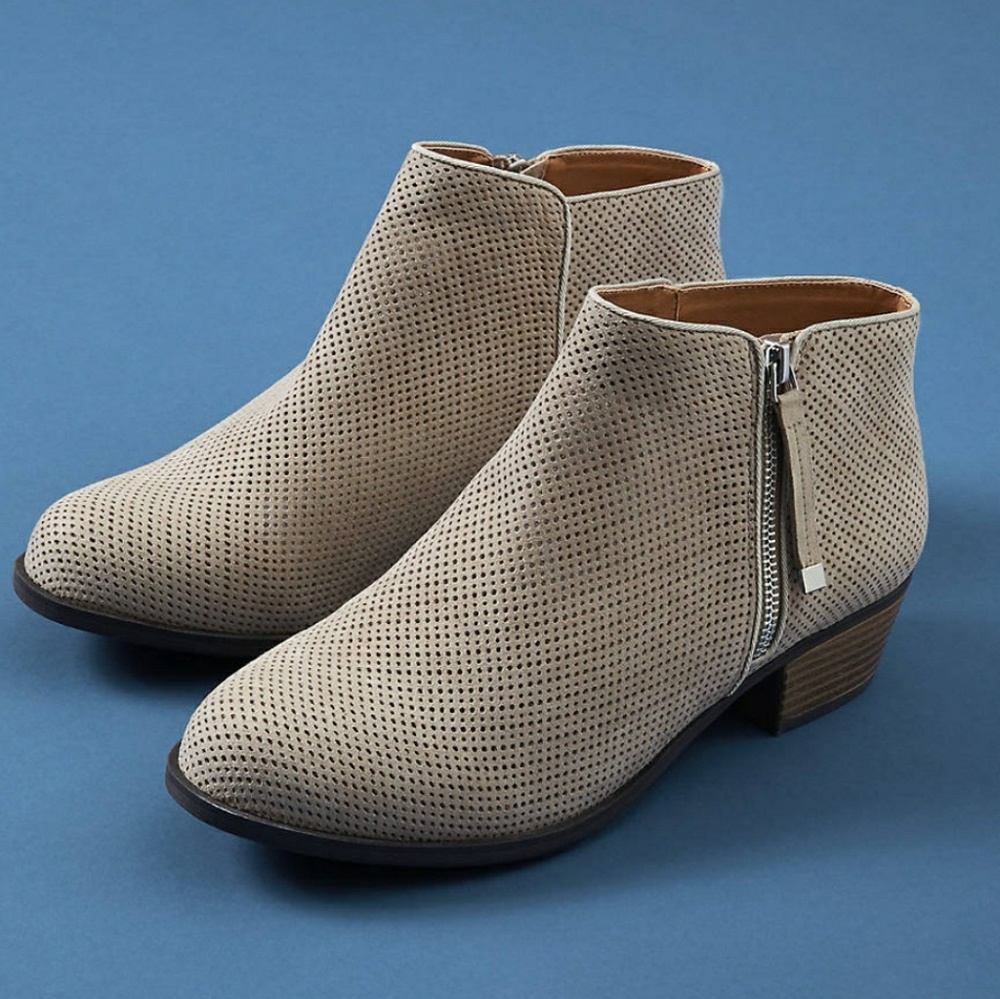 Faux Suede Perforated Ankle Boot in Taupe